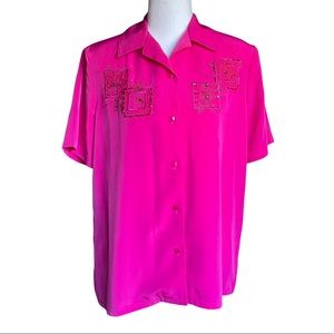 Koret Y2K Neon Pink Floral Beaded Satin Short Sleeve Blouse Women's Size 6